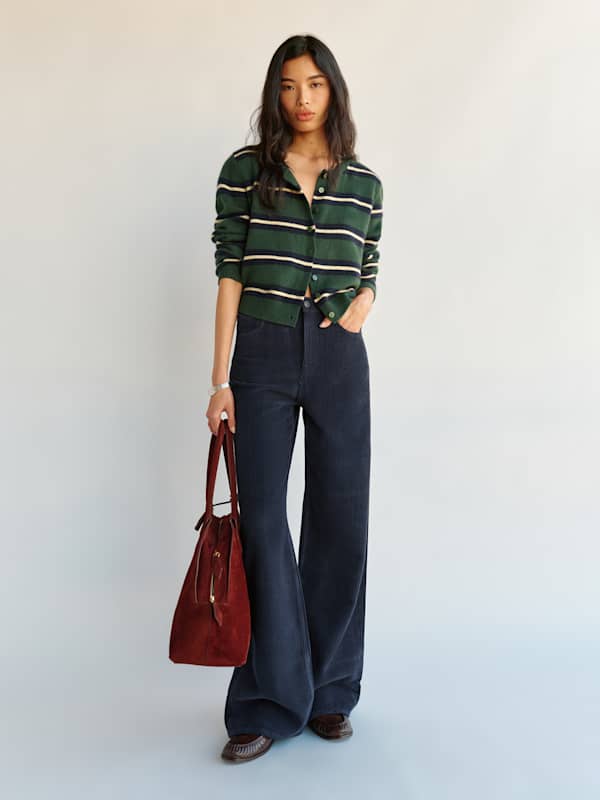 Clara Cashmere Crew Cardigan - Dark Pine Multi Stripe